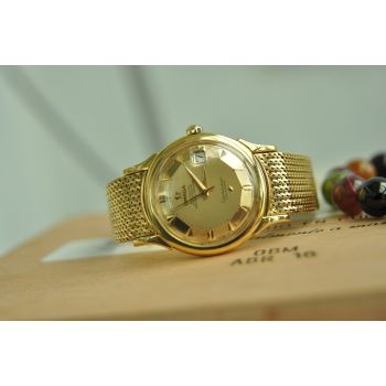 ĐỒNG HỒ OMEGA CONSTELLATION BÁT QUÁI MẶT SỐ CỌC MŨI TÊN RUỘNG BẬC THANG VÀNG ĐÚC 18K CẢ DÂY