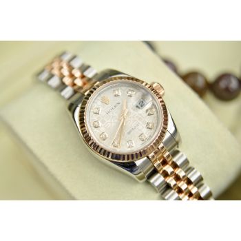 ĐỒNG HỒ ROLEX NỮ 179171 MẶT VI TÍNH TRẮNG CỌC SỐ KIM CƯƠNG DEMI VÀNG 18K