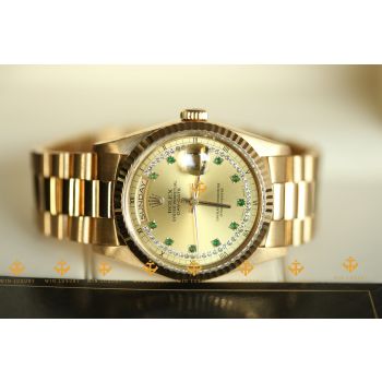 ĐỒNG HỒ ROLEX PRESIDENT DAY-DATE 18238 MẶT VÀNG 18K GẮN ĐÁ EMERALD, KIM CƯƠNG ZIN CHÍNH HÃNG